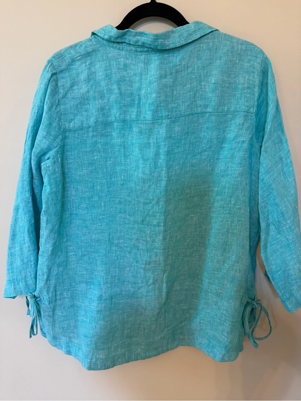 Isaac Mizrahi Turquoise Linen Blend V-Neck Tie Sleeve Blouse - Picture 3 of 8